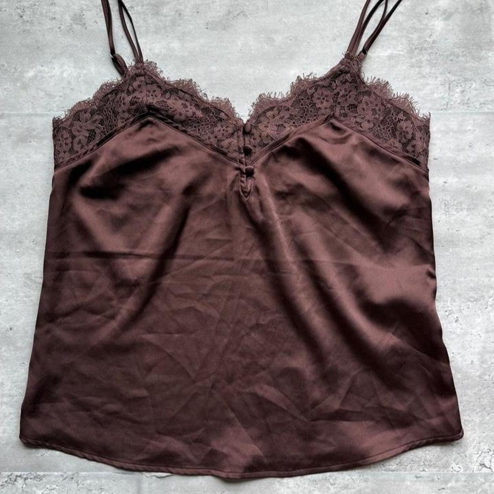 Abercrombie & Fitch Brown Lace Trim Cami Top Satin V-Neck Small